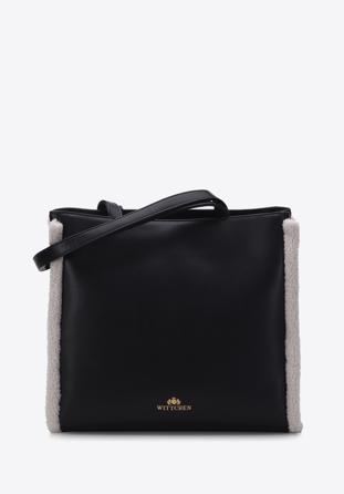 Leather shopper bag with teddy faux fur, black-cream, 97-4E-605-1, Photo 1