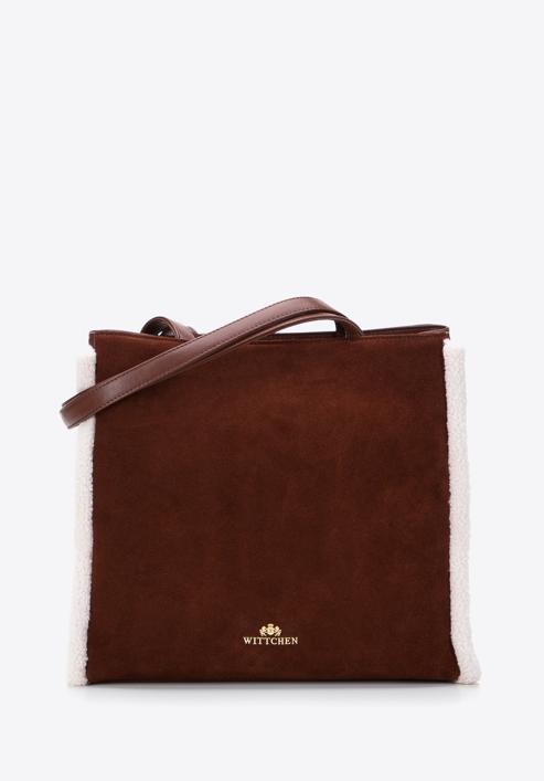 Leather shopper bag with teddy faux fur, brown-cream, 97-4E-605-1, Photo 1
