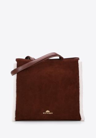 Leather shopper bag with teddy faux fur, brown-cream, 97-4E-605-4, Photo 1