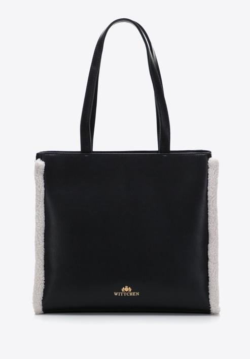 Leather shopper bag with teddy faux fur, black-cream, 97-4E-605-1, Photo 2