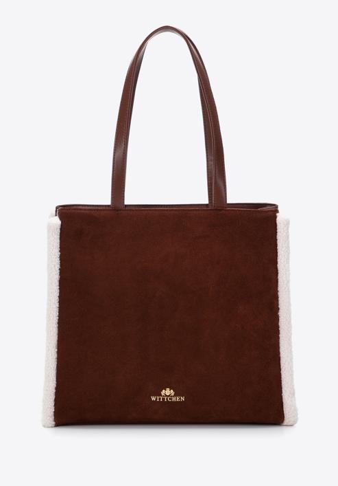 Leather shopper bag with teddy faux fur, brown-cream, 97-4E-605-1, Photo 2