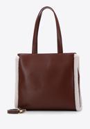Leather shopper bag with teddy faux fur, brown-cream, 97-4E-605-1, Photo 3