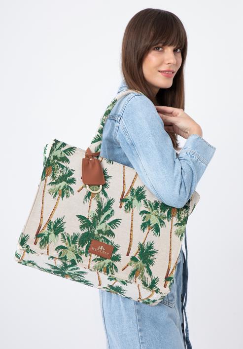 Large patterned cotton shopper bag, cream-green, 97-4E-502-X6, Photo 15