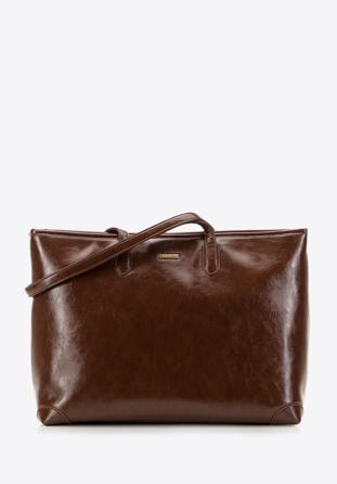 Women's glossy faux leather shopper bag, brown, 98-4Y-008-5, Photo 1