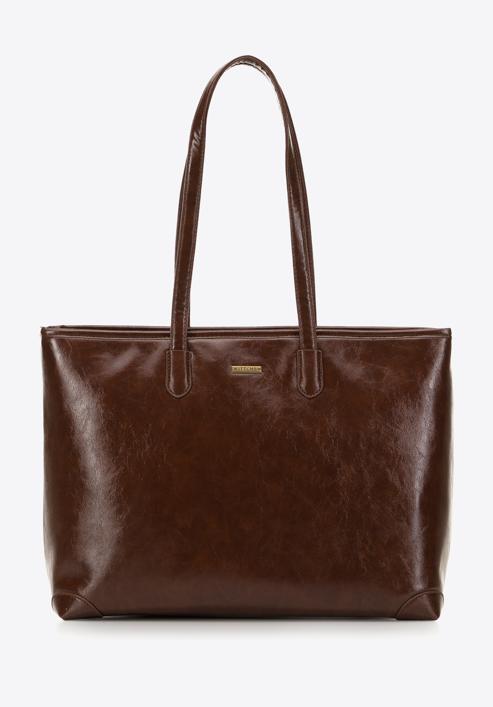 Women's glossy faux leather shopper bag, brown, 98-4Y-008-5, Photo 2
