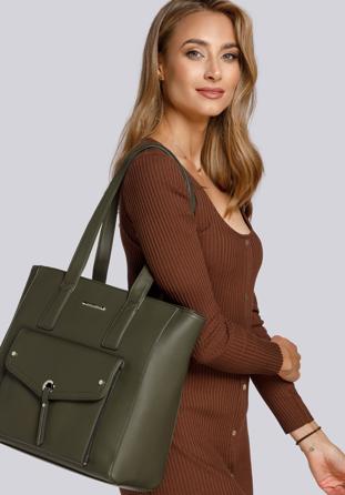 Shopper bag with decorative flap, khaki green, 93-4Y-435-Z, Photo 1