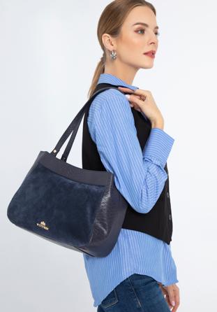 Leather shopper bag, navy blue, 97-4E-003-7, Photo 1