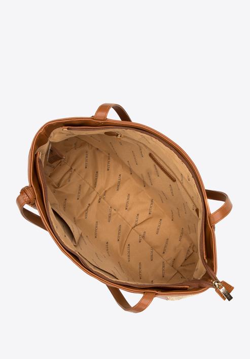 Torebka shopperka z ekoskóry i plecionki duża, beżowo-brązowy, 98-4Y-405-91, Zdjęcie 4