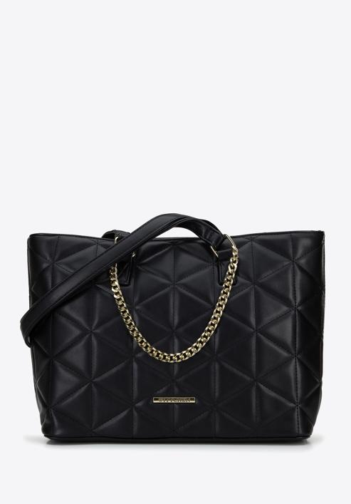 Quilted faux leather shopper bag with chain detail, black, 96-4Y-701-P, Photo 1