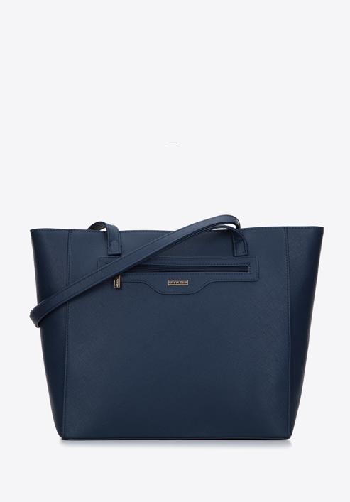 Saffiano-textured large faux leather shopper bag, navy blue, 97-4Y-518-7, Photo 1