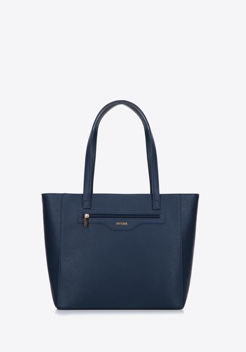 Saffiano-textured large faux leather shopper bag, navy blue, 97-4Y-518-7, Photo 2
