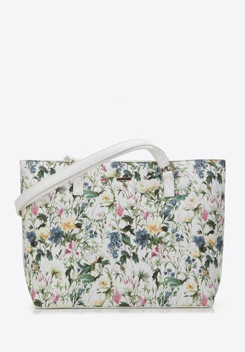 Women's faux leather shopper bag with floral print, white, 98-4Y-200-9, Photo 1