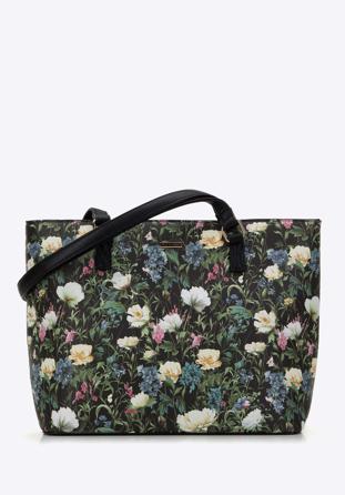 Women's faux leather shopper bag with floral print, black, 98-4Y-200-1, Photo 1