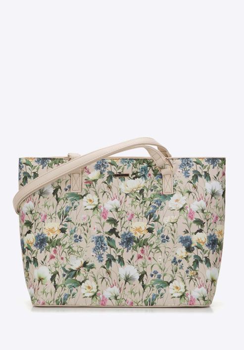 Women's faux leather shopper bag with floral print, light beige, 98-4Y-200-9, Photo 1