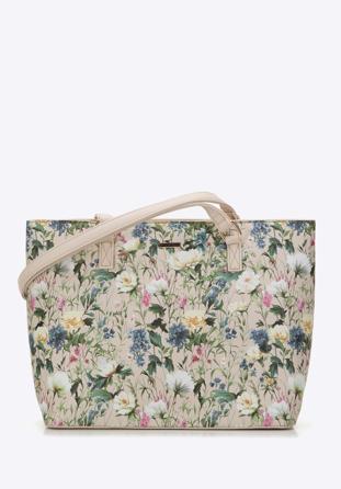 Women's faux leather shopper bag with floral print, light beige, 98-4Y-200-9, Photo 1