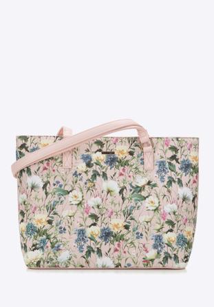 Women's faux leather shopper bag with floral print, light pink, 98-4Y-200-P, Photo 1