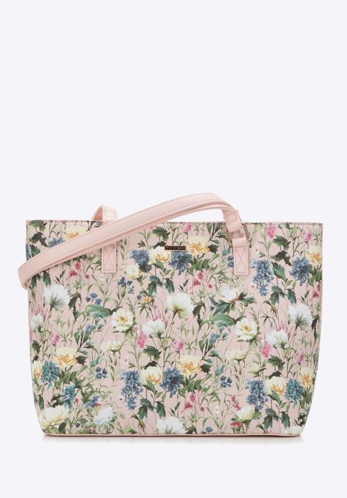 Women's faux leather shopper bag with floral print, light pink, 98-4Y-200-9, Photo 1