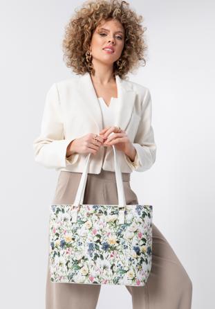 Women's faux leather shopper bag with floral print, white, 98-4Y-200-0, Photo 1