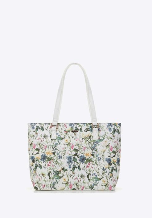 Women's faux leather shopper bag with floral print, white, 98-4Y-200-9, Photo 2