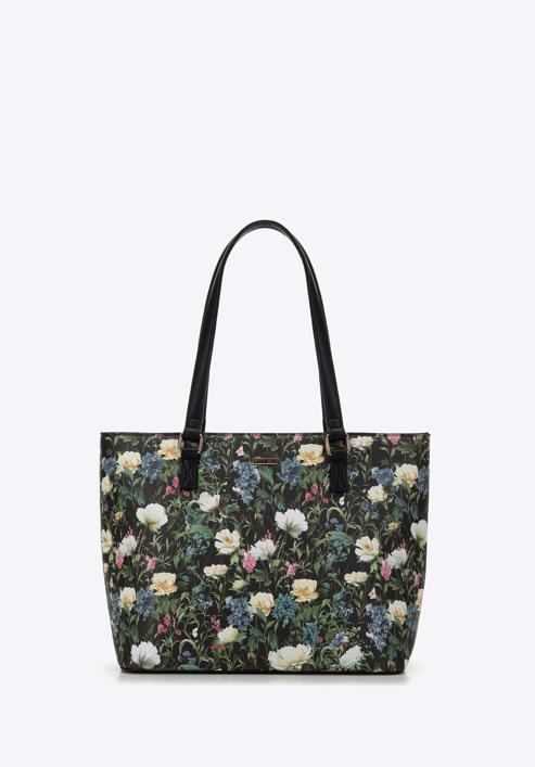 Women's faux leather shopper bag with floral print, black, 98-4Y-200-9, Photo 2