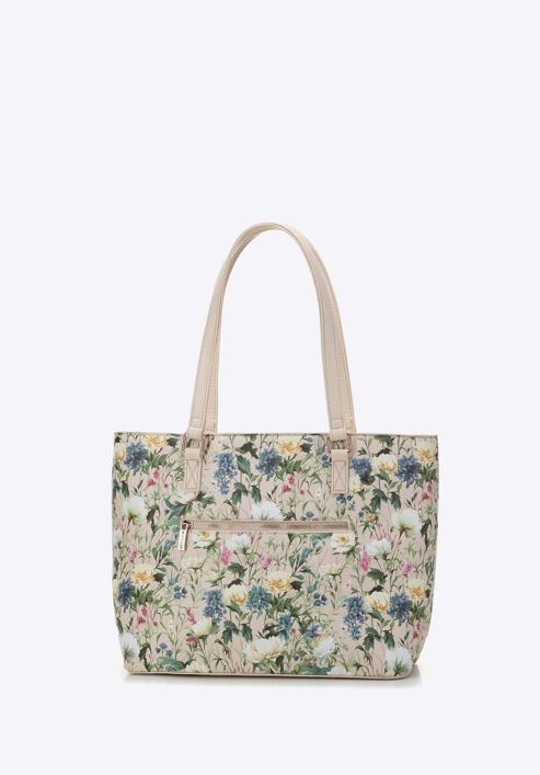 Women's faux leather shopper bag with floral print, light beige, 98-4Y-200-9, Photo 3