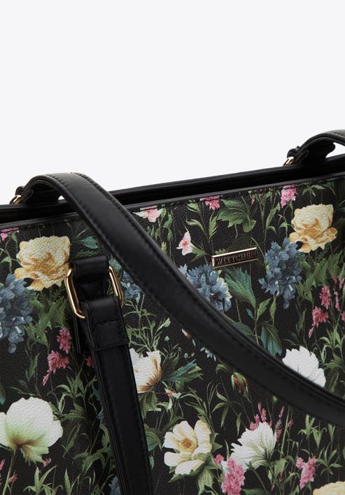 Women's faux leather shopper bag with floral print, black, 98-4Y-200-9, Photo 5