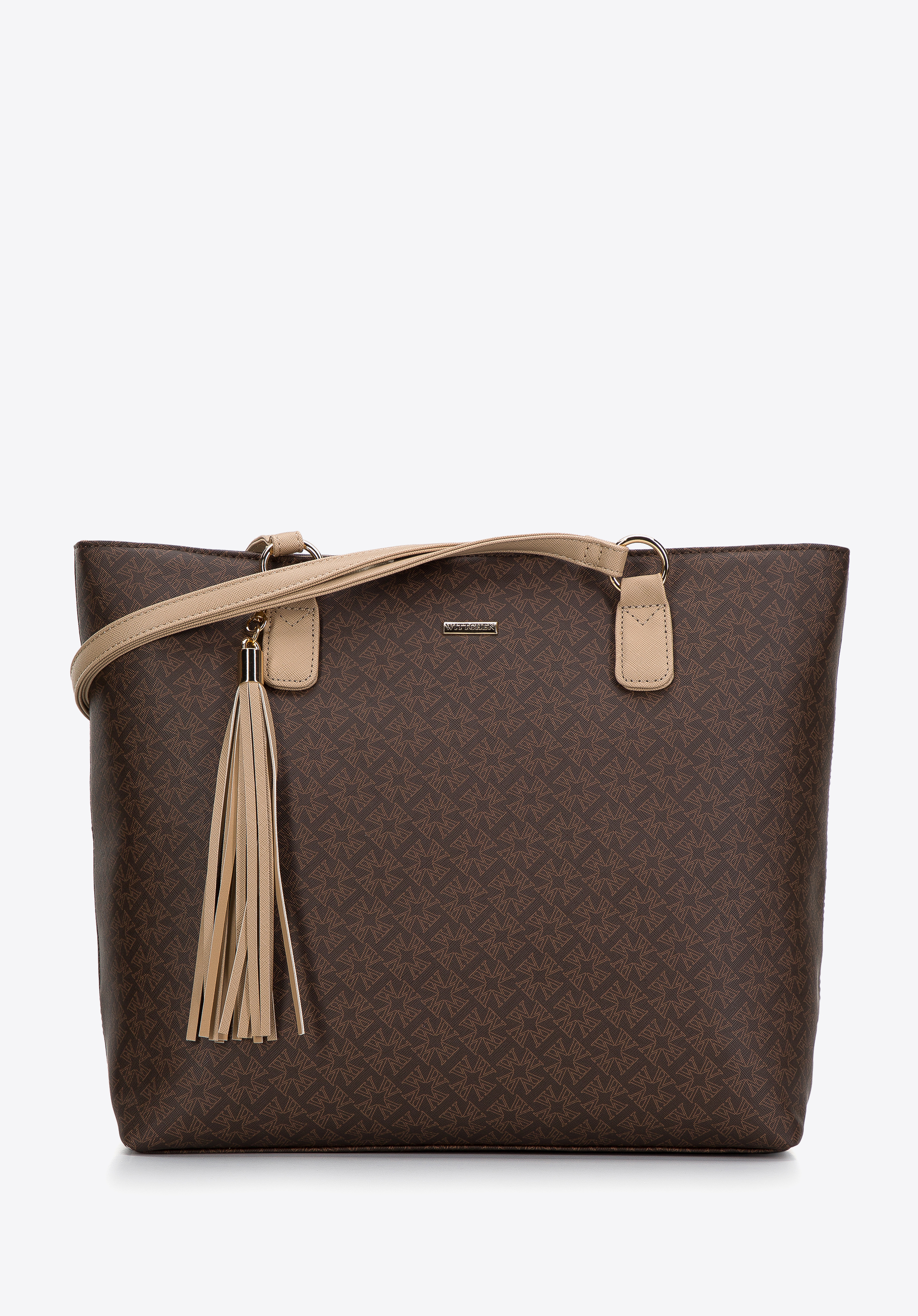 Torebka shopperka z ekoskóry w monogram, brązowo-beżowy, 97-4Y-235-4, Zdjęcie 1