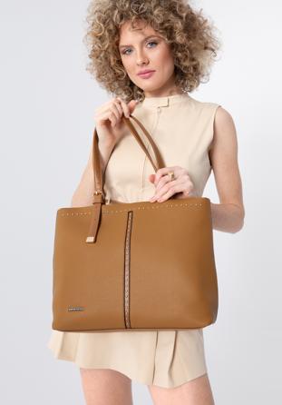 Faux leather shopper bag with studded trim, brown, 98-4Y-604-5, Photo 1