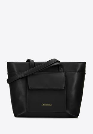 Faux leather shopper bag with front pocket, black, 96-4Y-716-1, Photo 1