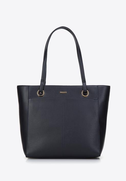 Faux leather front pocket shopper bag, navy blue, 97-4Y-534-7, Photo 2