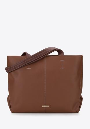 Faux leather shopper bag with contrasting seam detail, brown, 95-4Y-041-4, Photo 1