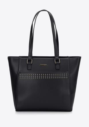 Faux leather studded detail shopper bag, black, 97-4Y-766-1, Photo 1
