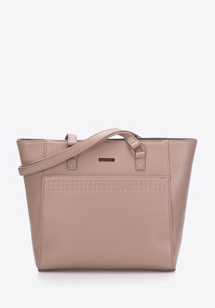 Faux leather studded detail shopper bag, beige, 97-4Y-766-9, Photo 1