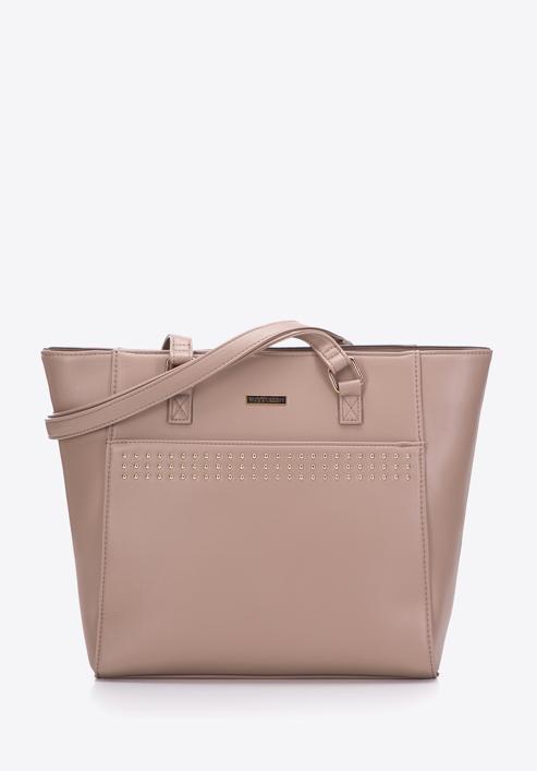 Faux leather studded detail shopper bag, beige, 97-4Y-766-1, Photo 1