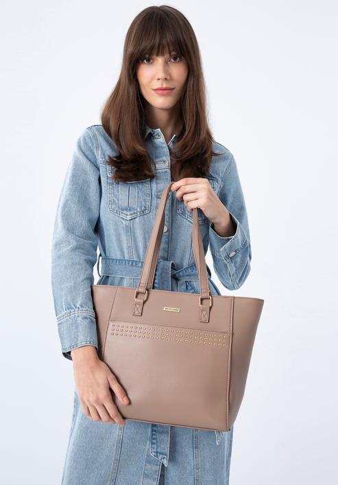Faux leather studded detail shopper bag, beige, 97-4Y-766-1, Photo 15
