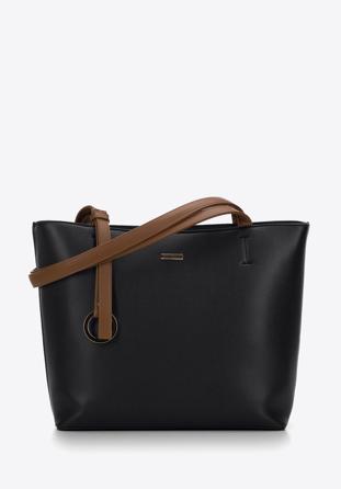 Faux leather shopper bag with decorative circle detail, black-brown, 97-4Y-629-1, Photo 1