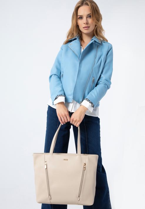 Faux leather vertical zip detail shopper bag, light beige, 97-4Y-530-9, Photo 15
