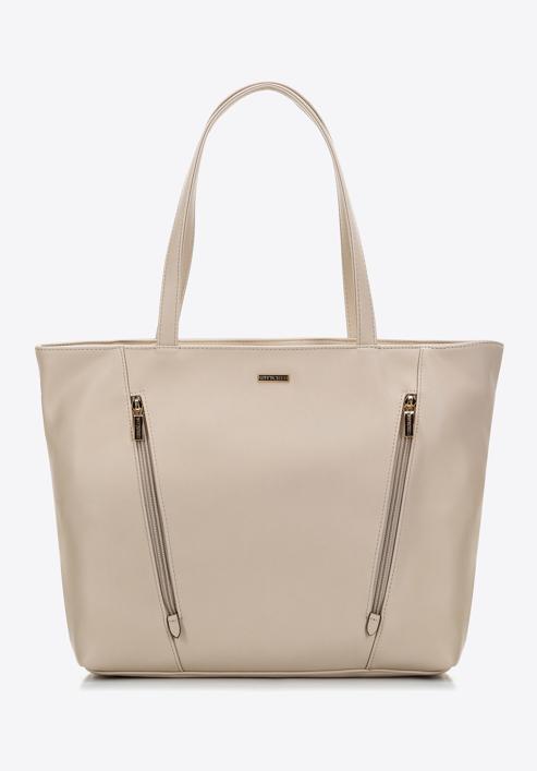 Faux leather vertical zip detail shopper bag, light beige, 97-4Y-530-9, Photo 2