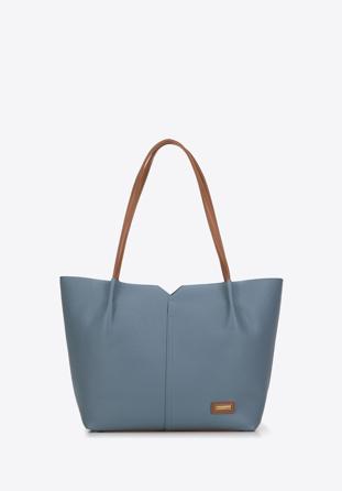 Faux leather shopper bag with vent detail, blue-brown, 98-4Y-013-N, Photo 1