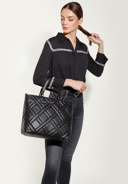 Quilted faux leather shopper bag, black, 95-4Y-503-9, Photo 15