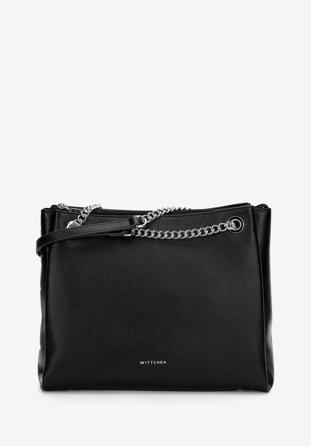 Leather shopper with pebbled texture, black-silver, 97-4E-621-1S, Photo 1