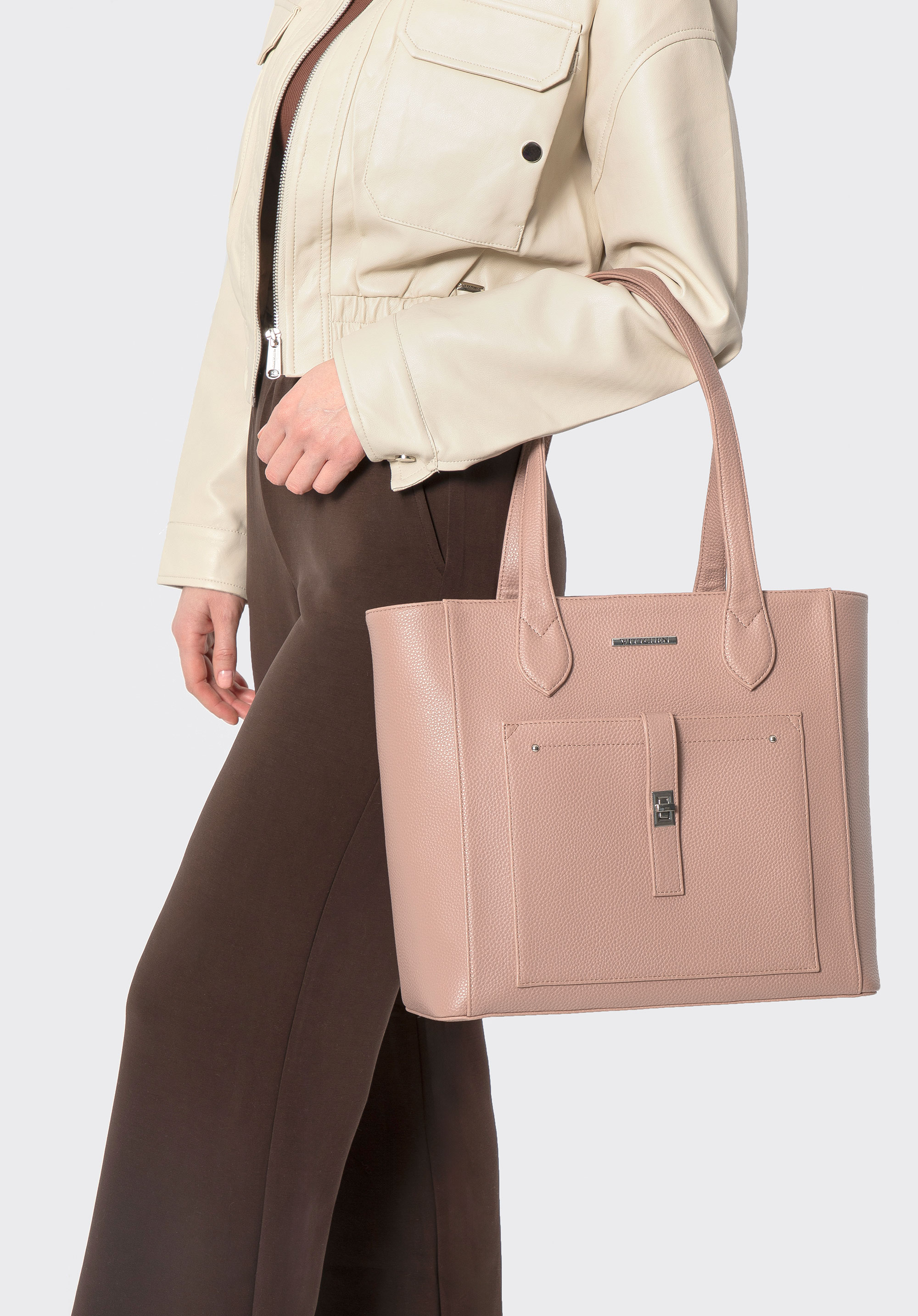 Torebka shopperka z imitacji skóry z kieszenią z przodu, różowy, 29-4Y-002-B55, Zdjęcie 1