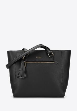 Faux leather shopper bag with front pocket, black, 96-4Y-217-1, Photo 1