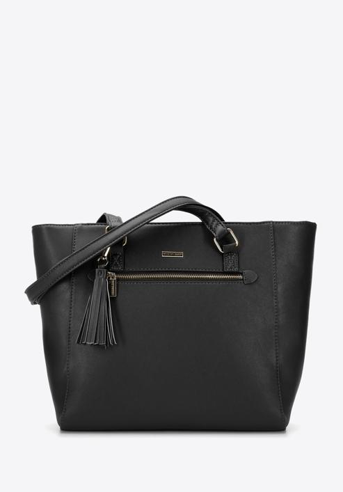 Faux leather shopper bag with front pocket, black, 96-4Y-217-P, Photo 1