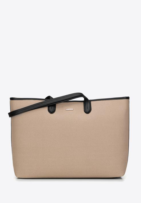 Shopper bag with faux leather trim, beige-black, 98-4Y-500-91, Photo 1