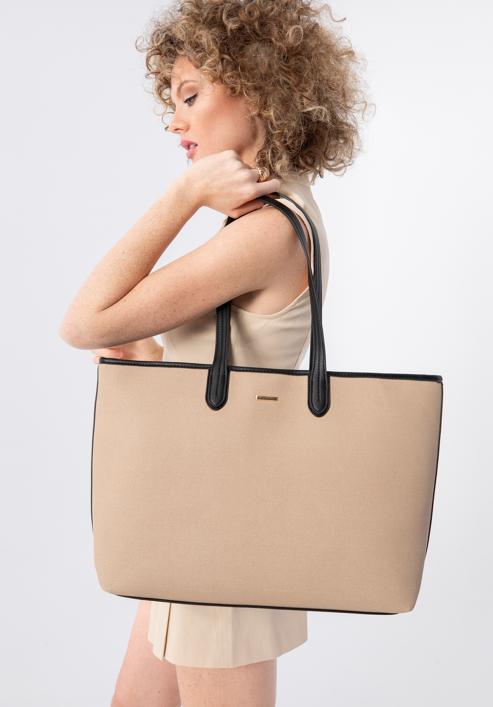 Shopper bag with faux leather trim, beige-black, 98-4Y-500-91, Photo 15