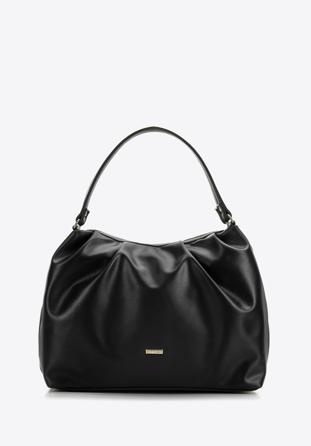 Ruched faux leather shopper bag, black, 97-4Y-525-1, Photo 1
