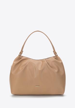 Ruched faux leather shopper bag, beige, 97-4Y-525-9, Photo 1