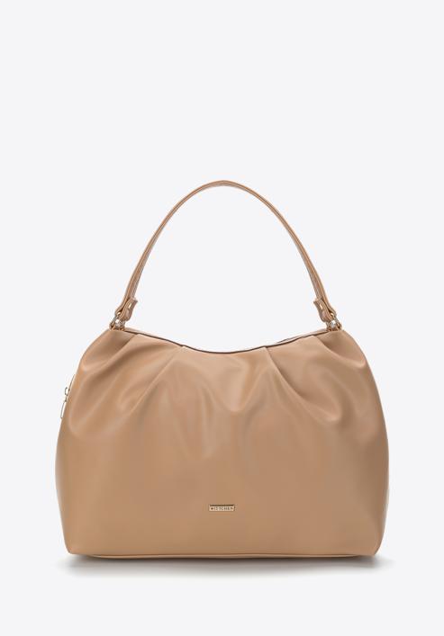 Ruched faux leather shopper bag, beige, 97-4Y-525-1, Photo 1