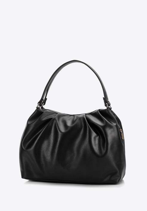 Ruched faux leather shopper bag, black, 97-4Y-525-9, Photo 2